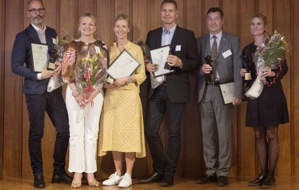 Bild på vinnarna. Från vänster: Henrik Fontin (HR-chef på Jernhusen), Carolina Wikström (HR-chef på Sveriges Radio), Ann Holmgren (HR-strateg på Sveriges Radio), Lars-Erik Magnusson (Head of HR på Peab Sverige AB), Leif Callenholm (stf Generaldirektör Interna frågor på Vinnova) och Karolina Lirón Källåker (HR-chef på Vinnova)